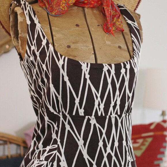 Y2K DVF Abstract fishnet print brown and white silk jersey scoop back dress - Picture 3 of 9